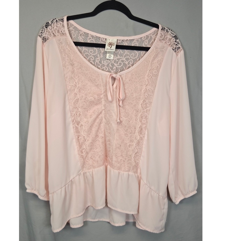 Self Esteem Lace Peplum Blouse Womens 2XL Pink Excellent Tie Neck 3/4 Sleeve Top
